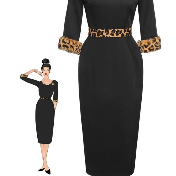 NWOT Retro Stage Medium Black 1960s Raw Hem Leopard Asymmetric Wrap Dress - Picture 2 of 9